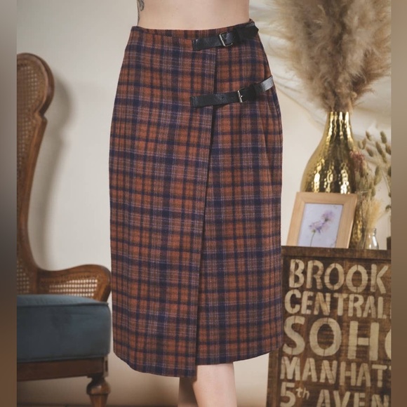 Plaid Wool Wrap Midi Skirt - Picture 1 of 5